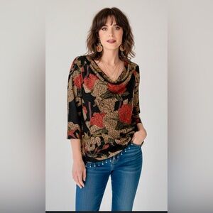 Vintage Ronni Nicole Sport Floral Cowl Neck Top w/ Gold Accents & Beaded Fringe